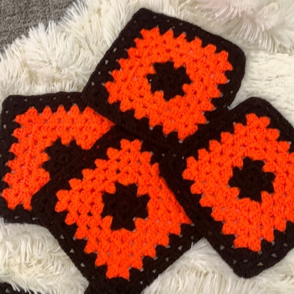 4 Vintage Brown & orange retro crochet granny squares 8x8